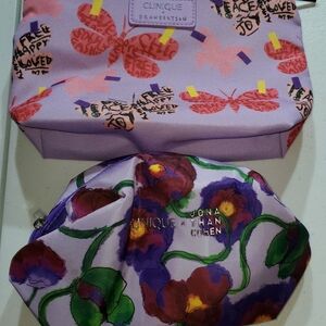 Lot Of 2 Clinique Cosmetic Bags Purple: 1 With Floral 2 Is Butterfly Accents